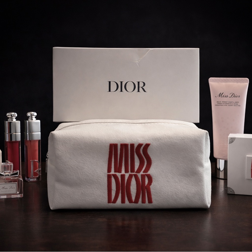 Dior White Cosmetic Bag with Red Logo